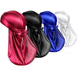 Silk Durag Caps, 4 Pack Unisex Satin Durags Long Tail Wide Straps Headwraps for Men & Women Pirate Caps Head Wrap Beanie Hats Waves Silky Durag Cap (AU, Alpha, One Size, One Size, Multicoloured)