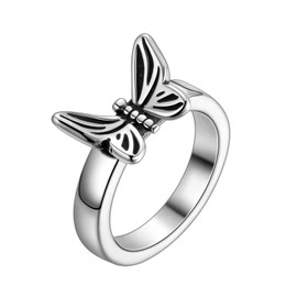 Butterfly Rings for Women - Stainless Steel Cocktail Party Ring Cute Dainty Butterfly Animal Promise Band Statement Knuckle Ring Jewelry Gifts for Teen Girls Birthday Christmas Anniversary SR0009, No Gemstone