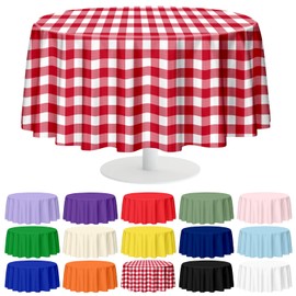 Mulbozy 2 Pcs Red Gingham Round Tablecloth, 84 inches Disposable Plastic Red and White Checkered Circle Table Covers for Baby Shower Wedding Bridal Shower Birthday Party Decorations