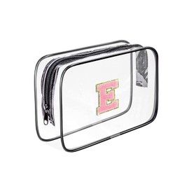 Fodofodo Clear Toiletry Bag,Portable Travel Toiletry Bag,Chenille Letter Cosmetic Bag with Zipper,Waterproof Makeup Bag,Cosmetic Storage Organizer for Women Men,Travel Essentials (Black,E)