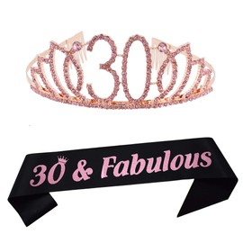 30th Birthday Tiara and Sash Happy 30th Birthday Party Supplies 30 Fabulous Black Glitter Satin Sash and Crystal Tiara Princess Birthday Crown for Women 30th Birthday Party Decorations