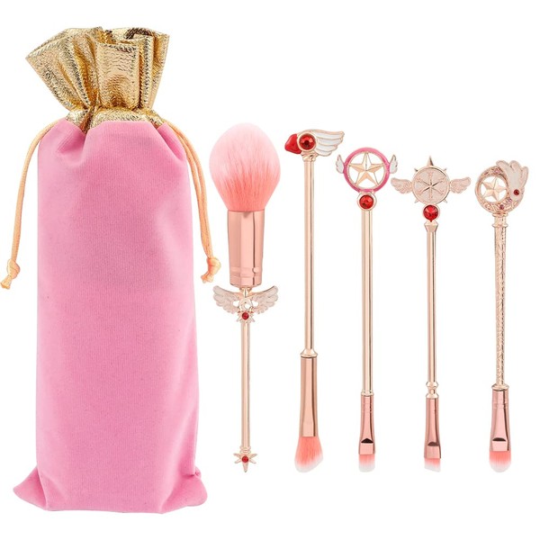Cardcaptor Sakura Makeup Brushes Set - 5pcs Anime Series Magic Wand Cosmetic Make Up Brush Set Professional Tool Kit Set Pink Drawstring Bag Included for Girls Women