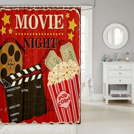 Cortina de ducha de cine vintage para niños y niñas, cortina de baño de palomitas de maíz rojo grunge, cortina de baño impresa con tira de película de noche de película, 72 x 72 pulgadas, cortina de ducha impermeable