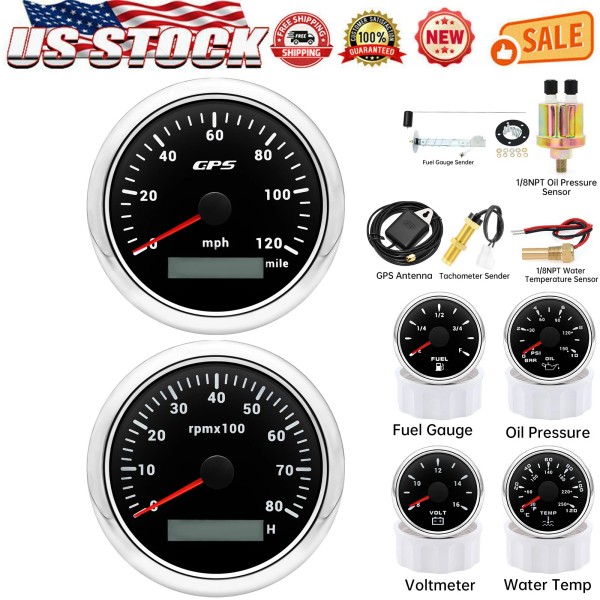 ARTILAURA 6 Gauge Set with Sensor 85mm GPS Speedometer 120MPH&Tacho&Fuel/Oil/Temp/Volt