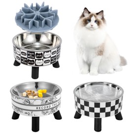 3PCS Elevated Cat Bowls with Slow Feeder, Wide Raised Stainless Steel Cat Dishes Plastic Stand Silicone Slow Food Dispenser, Whisker Friendly Pet Water Food Plates Feeding Station Indoor Cats, Kitten