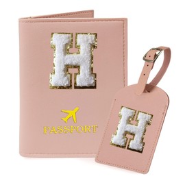 COSHAYSOO Initial Passport Cover Holder and Luggage Tag Set with Letter Name Patch for Women Teenage, Pink Travel Passport Book Vaccine Card Combo Bag Suitcase Identifier Pink H
