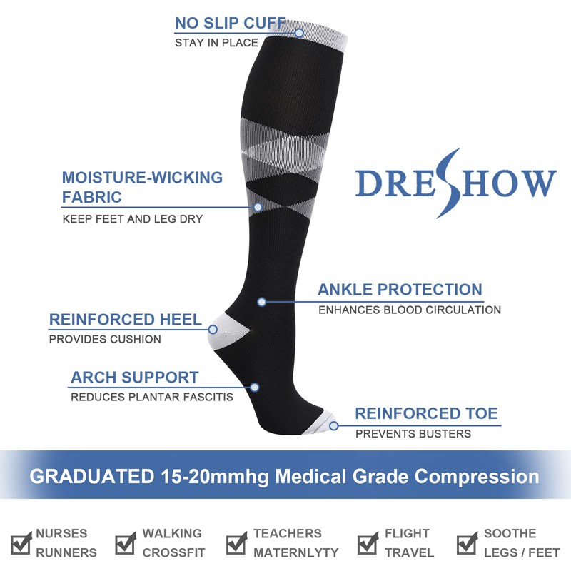 DRESHOW 4 Pairs of Compression Socks for Women, Men, Support