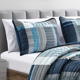 ESCA 3-Piece Bruis Plaid Blue Bedspread Set Queen Size Checker Navy Quilt