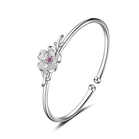 LUTAKU 925 Sterling Silver Cherry Blossom Bracelet for Women Girls Sakura Flower Bangle Bracelet Adjustable Jewelry Gift (Silver)