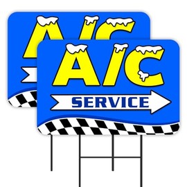 A/C Service - Air Conditioning 2 Pack Yard Signs 16" x 24" - Double-Sided Print, with Metal Stakes Made in the USA