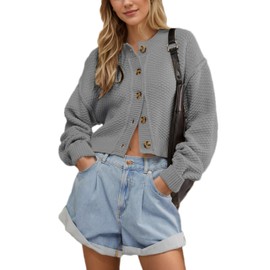 Mingzhu Womens Cardigan Sweaters Cropped Cable Knit Sweater Casual Button Down Open Front Chunky Cardigan(0890-Grey-M)