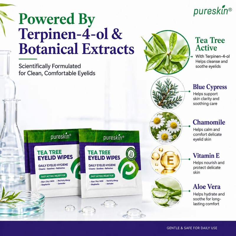 Pureskin Eyelid Wipes with Tea Tree Oil - 80 Eye