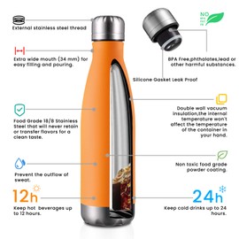 MEWAY 17oz Sport Water Bottle 4 Pack Vacuum Insulated Stainless Steel Sport Water Bottle Leak-Proof Double Wall Cola Shape Water Bottle,Keep Drinks Hot & Cold (Orange,4 Pack)