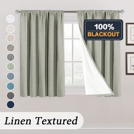 PrinceDeco Natural Linen Curtains 45 inches for Small Window Rod Pocket Complete Blackout Drapes with White Liner,Thermal Insulated & Noise Reducing Panels(Set of 2, Sage)