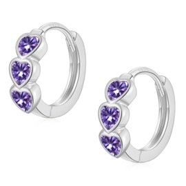Sterling Silver Hoop Earrings for Women Girls, Silver Small Huggie Hoop Earrings | Hypoallergenic Purple Heart Cubic Zirconia Hoops Earring Jewellery Gift for Girls