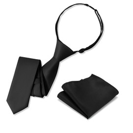 UETLRO Boys Black Tie Pocket Square Set Pre-tied Adjustable Kids Solid Color Necktie for Age 8-12 Years with Gift Box