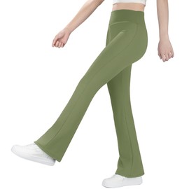 BIG ELEPHANT Girls Fleece Lined Flare Leggings, High Waisted Athletic Bell Bottom Pants for Kids Green