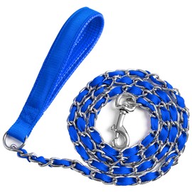 LUFFWELL Heavy Duty Metal Dog Chain Leash with Comfortable PU Leather Padded Handle, Chew Proof for Medium Large Pooch Walking Training (6ft 3.5mm Blue)
