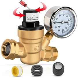 Nilight RV Water Pressure Regulator for RV Camper, Water Hose Pressure Regulator with Oil Filled Gauge and Inlet, Brass Lead-free Adjustable RV Water Pressure Regulator Valve for Camper Travel Trailer