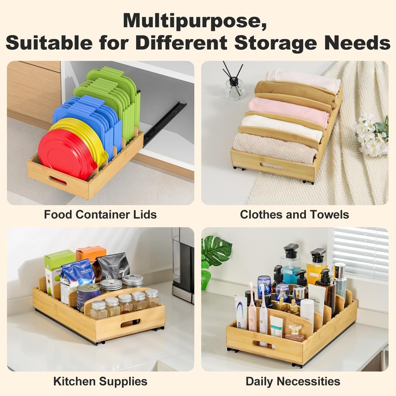 Housolution Pull Out Food Container Lid Organizer with Sliding Rail,