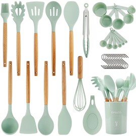 Kitchen Utensils Set QMVESS 35 Pcs Non-Stick Silicone Cooking Utensils Set with Holder Sturdy Insulation Wooden Handle Heat Resistance Silicone Spatula Spoon Kitchen Gadgets Utensils Set (Light Green)