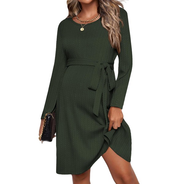 Ekouaer Maternity Midi Dress Long Sleeve Stretchy Pregnancy Dress Rib Knit Baby Shower Dress Army Green L
