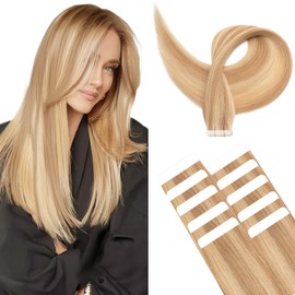 TESS Hair Extensions Tape In Human Hair Real Hair Invisible Thin Type 10 Pcs 15G Lightweight For Highlight Straight Long - #18P613 Ash Blonde & Bleach Blonde - 22 Inch