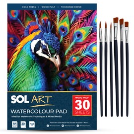 SOL 30 Sheets Watercolour Paper A4 Pad with 6pk Watercolour Brushes, A4 Watercolour Paper Pad for Artist and Beginner, Watercolour Sketchbook A4 for Art, Perfect Watercolour Painting Paper
