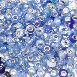 100 Pieces Large Hole Beads, Assorted European Craft Beads Blue Big Hole Fairy Wands Garden Beads Large Hole Lampwork Spacer Beads for DIY Pens Charms Bracelet Necklace Jewelry Making Supplies