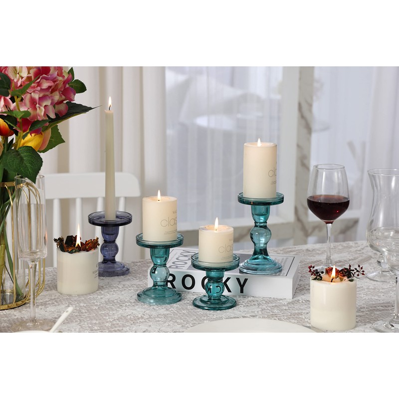GMWD 3 Pcs Glass Candle Holder Set Clear, Green Candlesticks