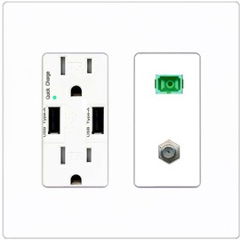 RiteAV 1 Port SC-APC Fiber Simplex Coax Cable TV Wall Plate - USB Charger [Screwless White]