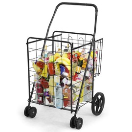 BETTARY Jumbo Folding Shopping Cart, Metal Grocery Cart on Wheels with Double Basket, Heavy Duty Utility Cart with 360° Swivel Wheels for Grocery, Laundry, Book, Luggage, Travel, Black