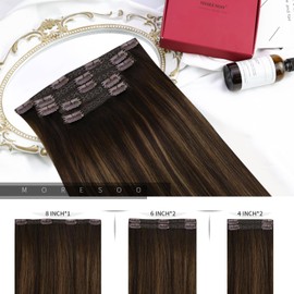 Moresoo Hair Extensions Clip in Ombre Human Hair Darkest Brown Mixed with Medium Brown Balayage Clip in Hair Extensions for Women Double Weft Human Hair Clip in Extensions 5Pcs 70Grams 12 Inch