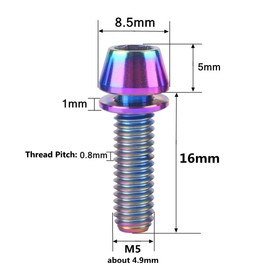 VAMUOEFL Titanium Screw Bike Stem Bolts Allen Hex M5x16 18 20mm Tapered Head with Washer for MTB Road Bicycle Stem Parts, 6Pcs (Colorful, M5x16mm)