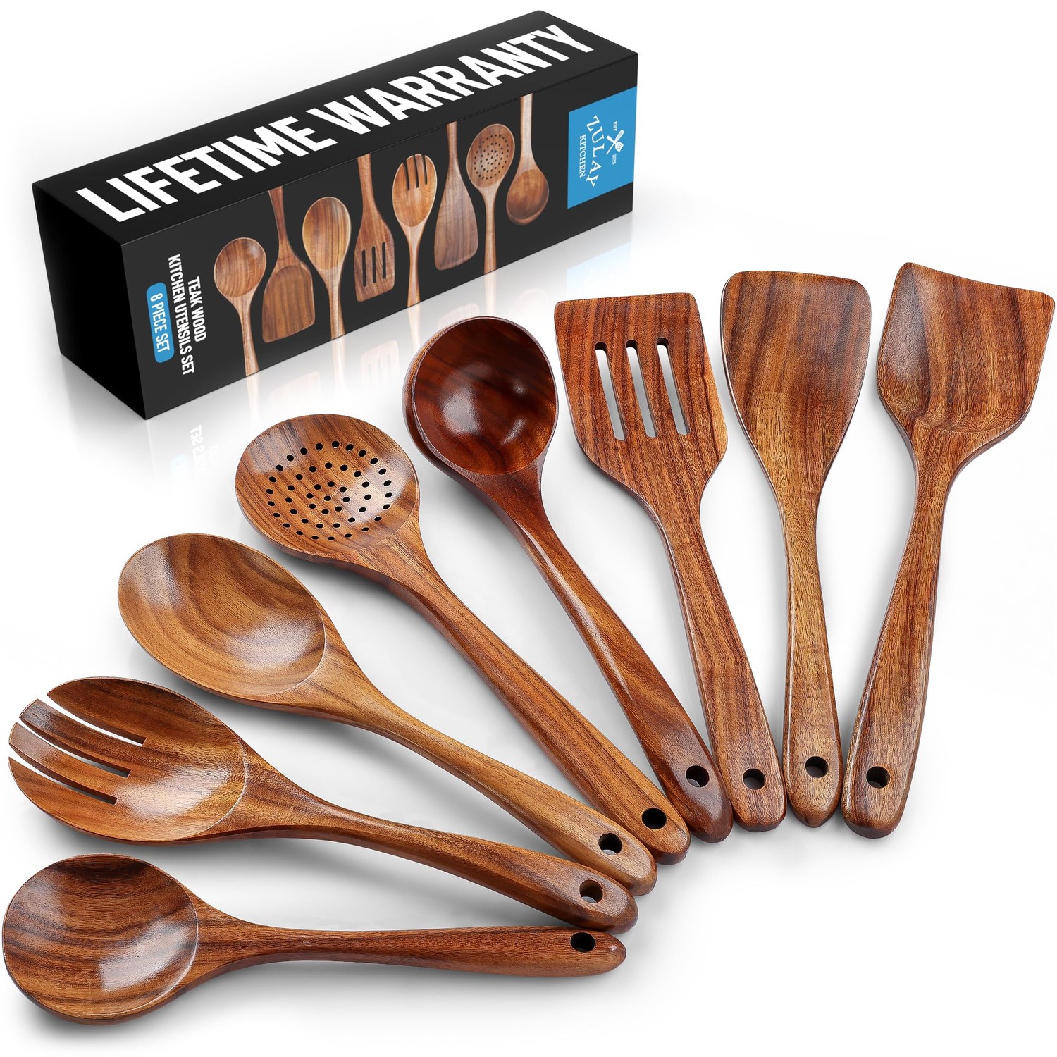 Zulay Kitchen Premium 8-Piece Wooden Spoons - Smooth Finish, Natural ...