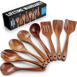 Zulay Kitchen Premium 8-Piece Wooden Spoons - Smooth Finish, Natural Teak Wood, Non-Stick, Handmade