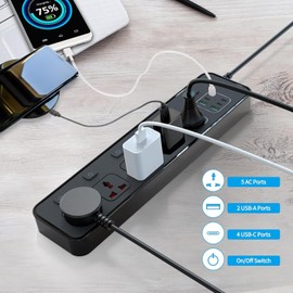 European Travel Power Strip with Individual Swtich, Jumpso 6ft Universal Extension Cord with 5 Outlets and 2 USB 4 USB C Ports, Max 3000w, 110-240v, Multiple Outlets Plug Adapter for Office Travel