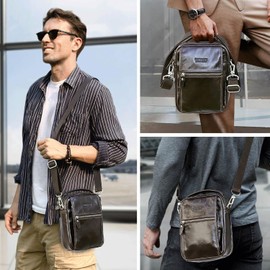 Hiram Bandolera de Piel Auténtica para Hombre con Múltiples Compartimentos, Bolsas Cruzadas de Viaje Vintage Portafolios Portátil Bolsa de Mensajes de Negocios con Asa y Correa Ajustable (Café)