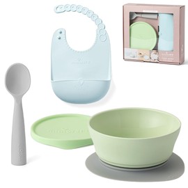 Miniware First Bites Deluxe Set: Cereal Bowl, Detachable Suction Foot, Training Spoon, Silicone Bib for Baby Toddler | Promotes Self Feeding | Eco-Friendly, BPA Free | Dishwasher Safe (Hipster Bites)