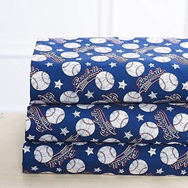 Elegant Home Blue White Red Baseball League Sports Design 4 Piece Printed Sheet Set with Pillowcases Flat Fitted Sheet for Boys/Kids/Teens # Baseball (Queen Size)