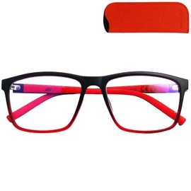 Mini Brille Lightweight anti-blue light glasses with flexible temples, plastic frame, rectangular, black with red accent, includes case, blue light filter glasses for men and women, XL Lenses