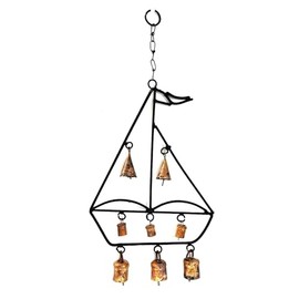 Nautical Sailboat Wind Chime – 8 Copper Bells – 19” Rustic Black & Copper Metal Garden Decor – Handcrafted Outdoor Hanging Chime for Porch, Patio, or Yard – Vintage Maritime Home Accent