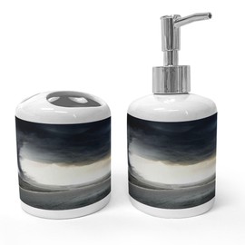 Ambesonne Nature Soap Dispenser & Toothbrush Holder Set, Black Tornado Funnel Gas and Thunder Rolling on The Road Fume Disaster Monochrome Print, Ceramic Bathroom Toiletry Accessories, 2 Pcs, Grey