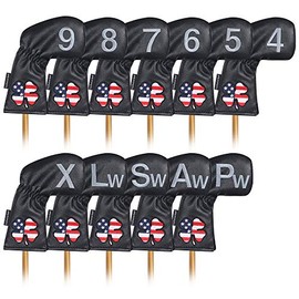 Craftsman Golf Left Handed Golfer 11pcs /Set USA US Flag Clover Leather Black White Green Iron Covers Headcover Set (Black for Left)