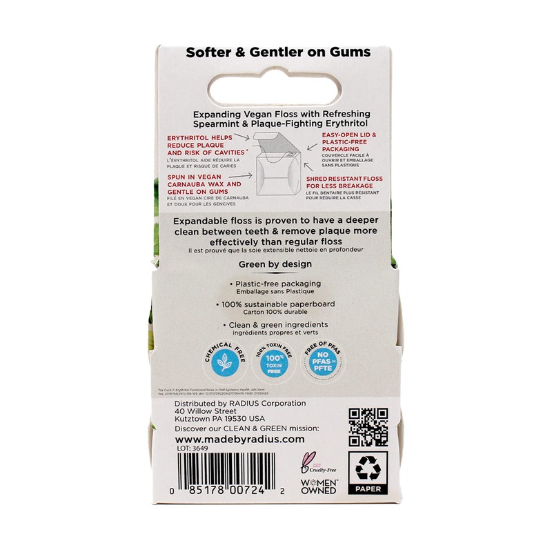 Radius Dental Floss, Sponge Floss, Vanilla Mint, 55 Yards, Vegan
