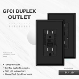 Micmi GFCI Outlet, Tamper-Resistant GFI Receptacle with LED Indicator, 15Amp 125Volt Self-Test Ground Fault Circuit Interrupter, Decorator Screwless Wall Plates Included, ETL Listed (1Pack, Black)