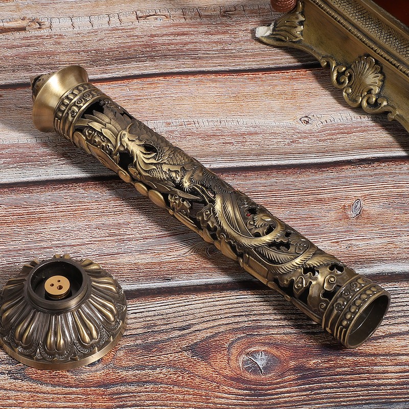 Incense Burner Bronze Tone Dragon Phoenix Relief Craft Ornaments Tea