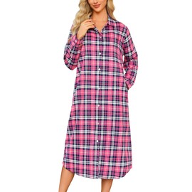 ENJOYNIGHT Womens Long Flannel Nightgown Plaid Nightshirt Button Down Pajamas Dress Long Sleeve Sleepshirts(XX-Large, Pink Lattice)