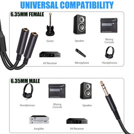1/4" TRS to Dual tunghey Nylon Braided 1/4" Female Splitter Y Cable, tunghey 1/4 Inch 6.35mm Stereo Plug/Male to Dual 1/4 Inch 6.35mm Jack/Female, Black (30cm)