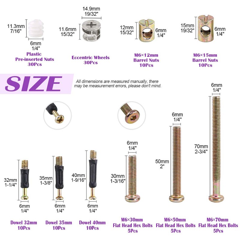 125Pcs 3 in 1 Furniture Crib Hardware Screws Connecting Fittings